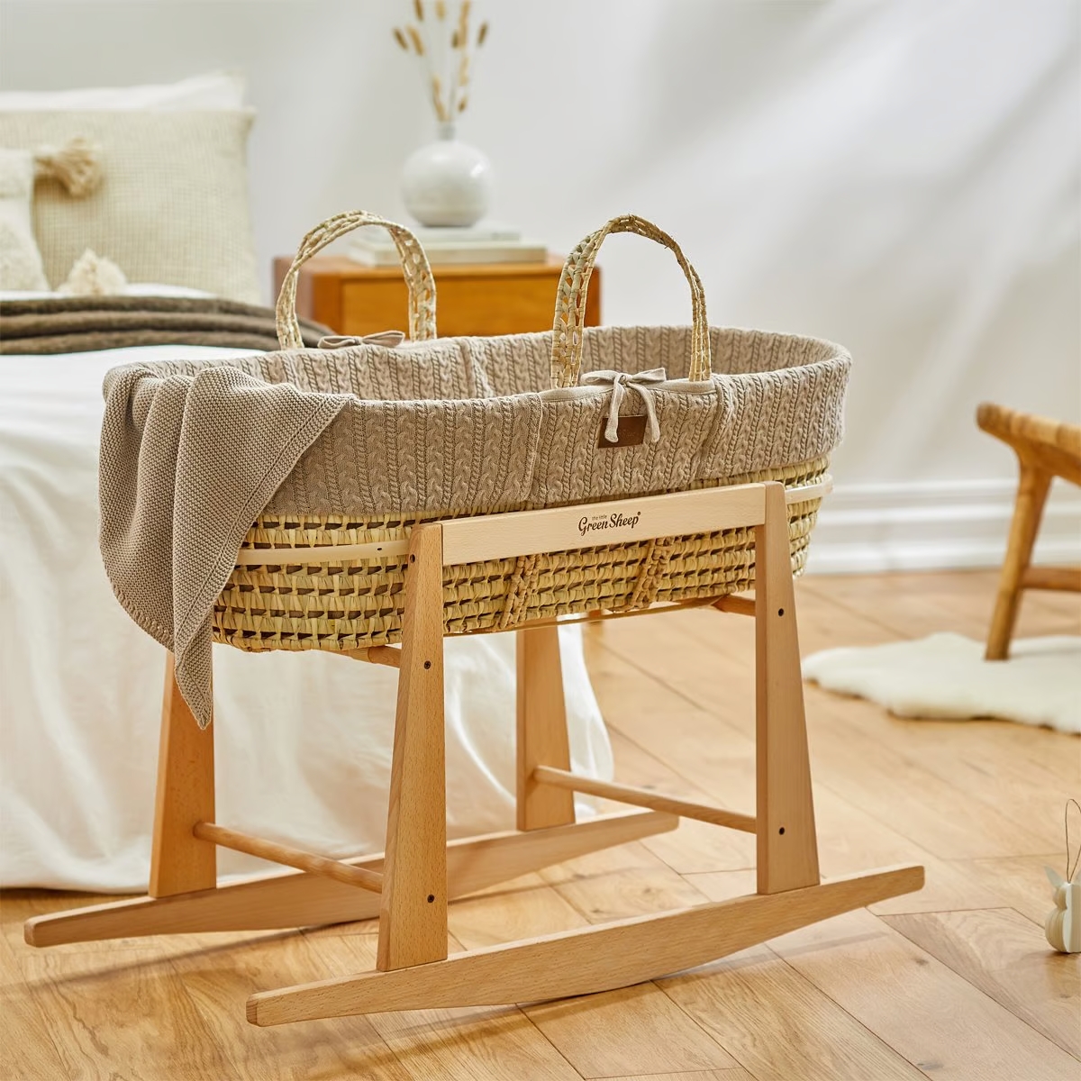 Natural Knitted Moses Basket Mattress Rocking Stand Bundle Truffle Bella Baby